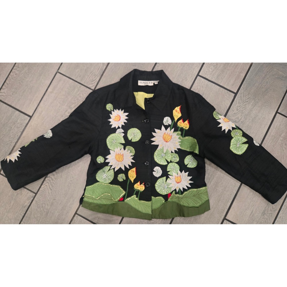 Tunique Nights Silk Jacket Large Black Embroidered Water Lily Lotus Art to Wear